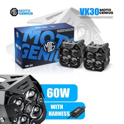 VK30 60W 4 LED High Power with Harness Motorcycle Spotlight with Switch, Dual Beam High/Low (White & Yellow), 12V–36V Universal Fit for Bikes & Electric Vehicles, IP67 Waterproof Auxiliary Fog Light (Pack of 2) (MGF3) - Moto Genius