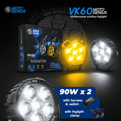 VK60 180W Auxiliary Fog Lights for Motorcycles – Dual Color High/Low Beam IP67 Waterproof with Wiring Harness & Clamp (Pack of 2) (MGF3) - Moto Genius