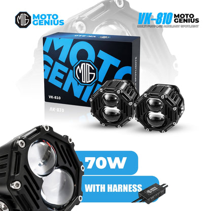 VK810 2 LED 70Wwith Harness High Power Motorcycle Spotlight with Switch, Dual Beam High/Low (White & Yellow), 12V–36V Universal Fit for Bikes, Scooters & Electric Vehicles, IP67 Waterproof Auxiliary Fog Light (Pack of 2) (MGF3) - Moto Genius