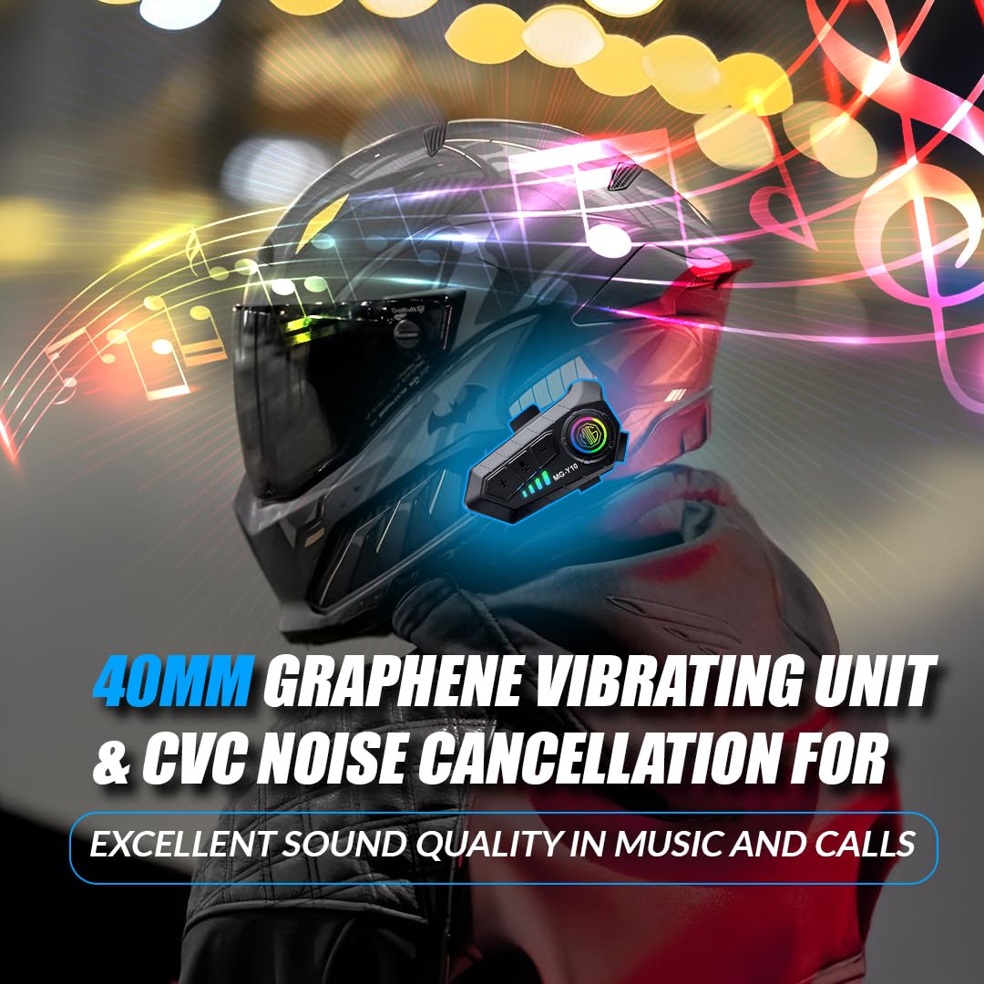 Y10 Motorcycle Helmet Bluetooth Headset | Wireless 5.3 Waterproof IPX6, Noise Cancelling Helmet Headphones with Mic for Single Rider, Hands-Free Music & Calls - Moto Genius
