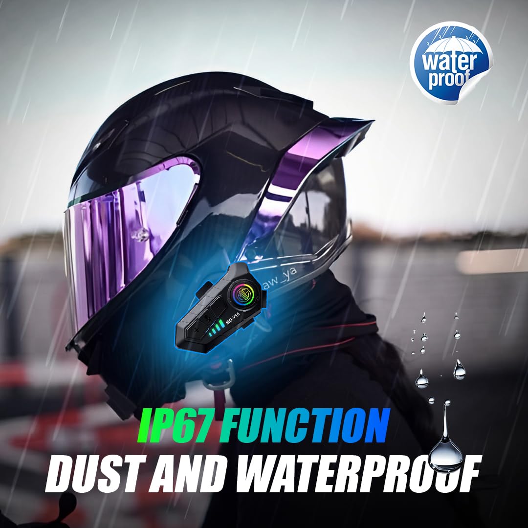 Y10 Motorcycle Helmet Bluetooth Headset | Wireless 5.3 Waterproof IPX6, Noise Cancelling Helmet Headphones with Mic for Single Rider, Hands-Free Music & Calls - Moto Genius
